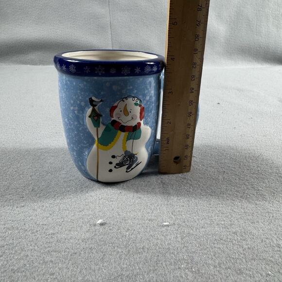 Snowman Coffee Cocoa Cup Mug Set Of 2 Each Cup Spoon Coaster Ceramic 2012 NEW - Picture 11 of 12